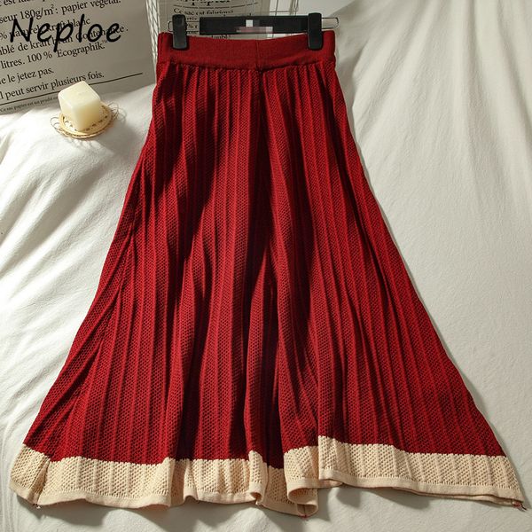 

neploe elegant chic panelled stretch waist a-line skirt autumn new big swing skirts korean fashion mid-length knitted jupe 1h383 210423, Black