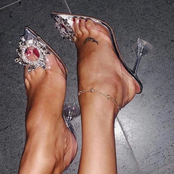 

luxury women pumps 2021 transparent high heels pointed toe slip-on wedding party brand fashion shoes for lady size 34-45 sandals, Black