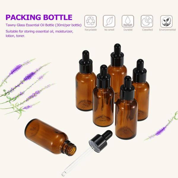 

6pcs 30ml tawny essential oil bottles glass dropper bottle jars round head with pipette storage