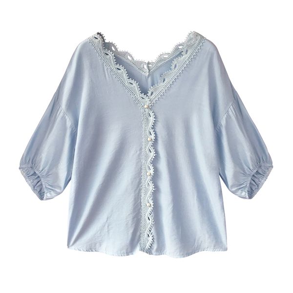 Frauen Blau Solide Chiffon V-ausschnitt Spitze 3/4 Drei Viertel Laterne Hülse Hemd Bluse Casual Sommer B0061 210514