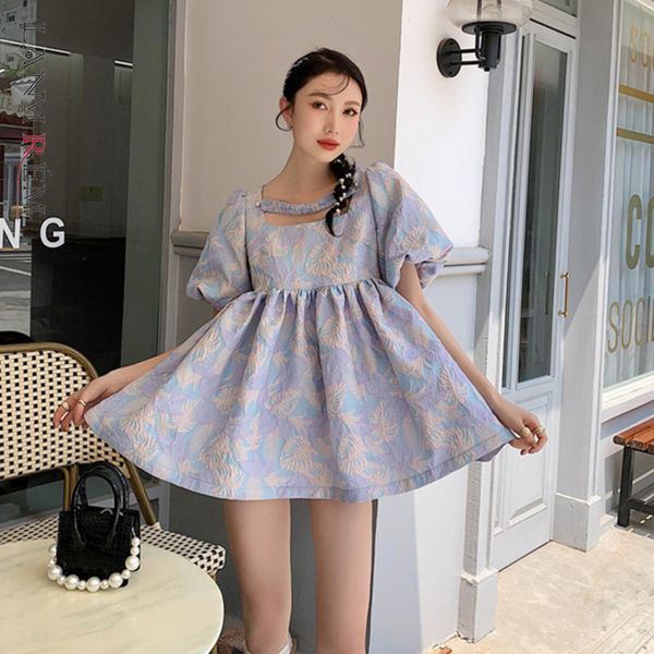 

women a-line print short puff sleeve dress summer cute large size dresses fashion tide arrivals 2h068 210507, Black;gray