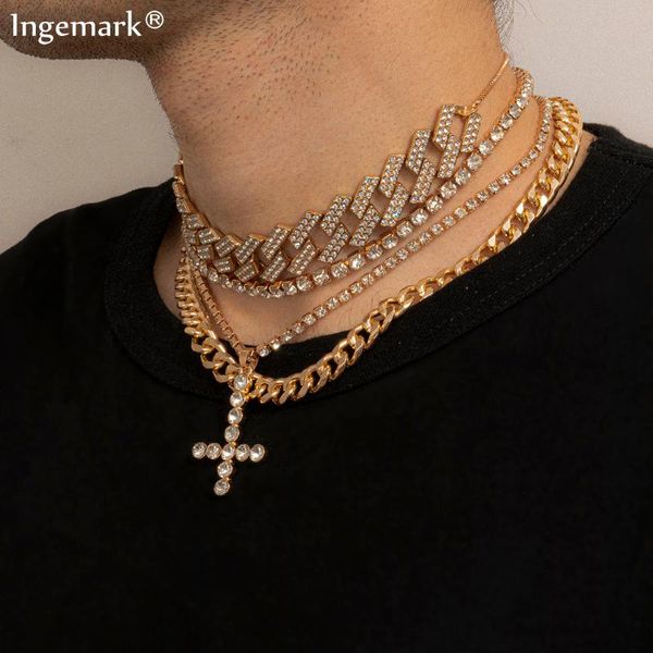 

pendant necklaces luxury iced out paved rhinestone cross necklace gold color bling chunky chain crystal jesus men women jewelry, Silver