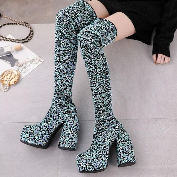 

boots shiny sequined cloth platform winter thick sole fashion women over the knee heel big size 43 shoes, Black