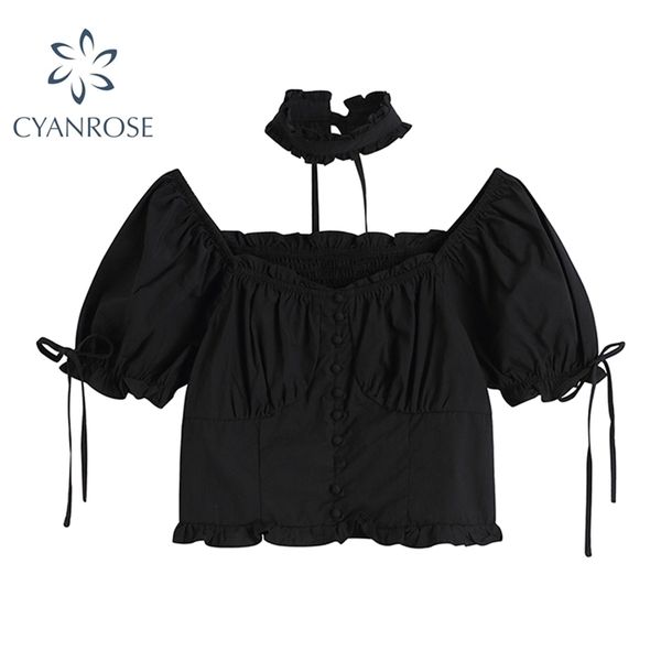 

gothic style black crop shirt women summer korean fashion slim short sleeve bandage blouse female clothing 210515, White