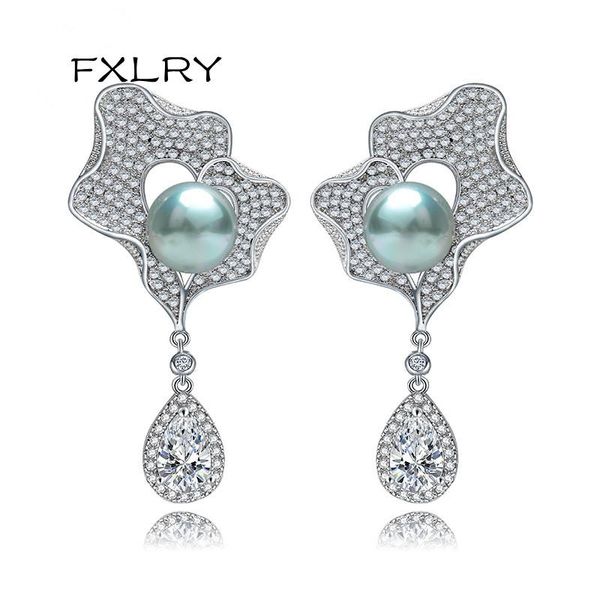 

elegant cz micro paved flower with gray imitation pearl drop bridal wedding dangle earrings for women jewelry & chandelier, Silver