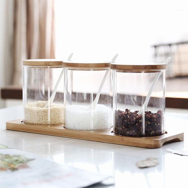 

storage bottles & jars 3pcs/set transparent glass seasoning jar 450mlx3 salt shaker set wooden cover ceramic spoon kitchen box spice