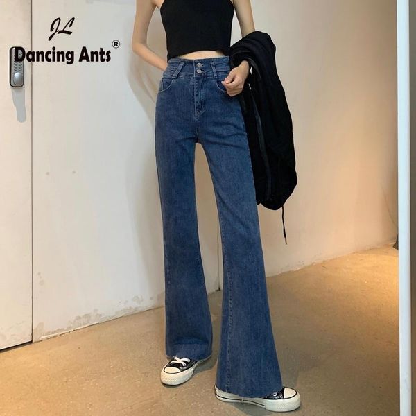 

women vintage plus size flare jeans button high waist loose denim pants autumn female trousers women's, Blue