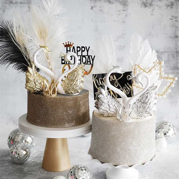 Romântico ouro prata coroa cisne ornamentado feliz aniversário bolo topper vestido pena gaze gaze bolo de casamento decoração festa suprimentos 211216