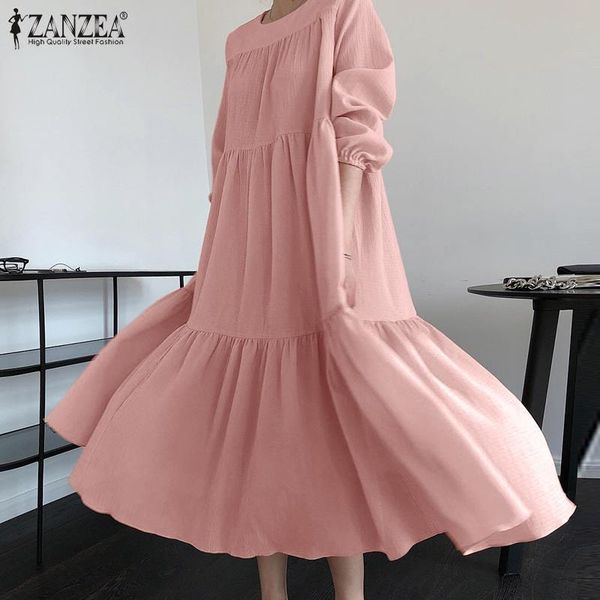 

women's blouses & shirts stylish casual loose o neck dresses 2021 fashion maxi dress female solid long puff sleeve robe zanzea ele, White
