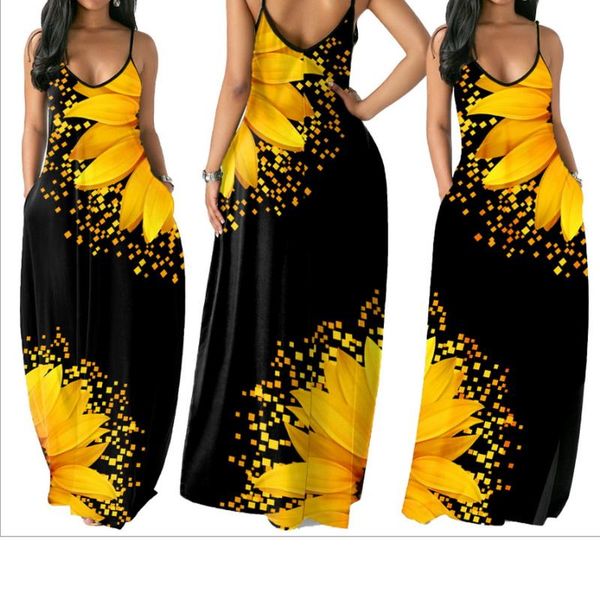 

casual dresses sunflower print boho summer women v-neck spaghetti strap sleeveless loose backless long dress beach holiday causal robe, Black;gray