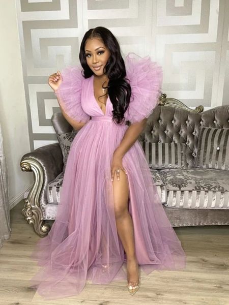 

south african lilac prom dresses a-line deep v-neck tulle slit backless long women evening gowns robe de soiree, Black