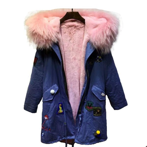 Frauen Pelz Faux Vintage Stil Denim Blau Jacke Rosa Mantel Waschbären Hund Kragen Parka Frauen Winter Dicke Warme Oberbekleidung