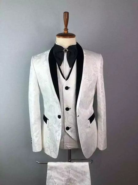 

men's suits & blazers arrival white paisley thin male suit three black ribbon lapel gown hombre wedding tux blazer 6979, White;black