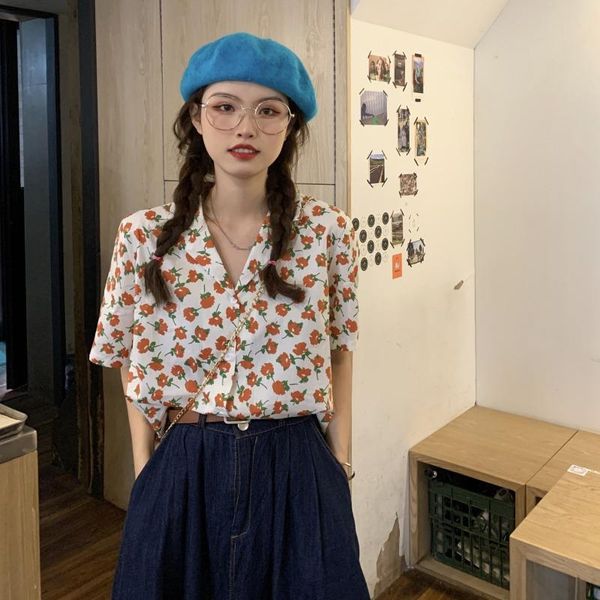 

women's blouses & shirts summer retro hong kong style small flowers loose short-sleeved shirt temperament design niche, White
