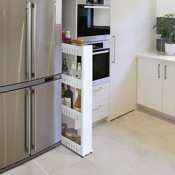 

hooks & rails movable plastic interspace storage rack refrigerator space with roller shelves kitchen bathroom strollers interval 4-layer