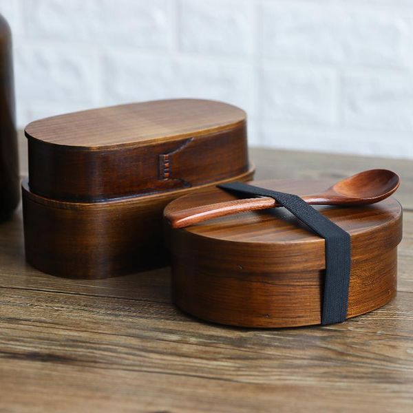 

double layer natural wooden bento lunch box container japanese lunchbox sushi portable travel scho dinnerware sets