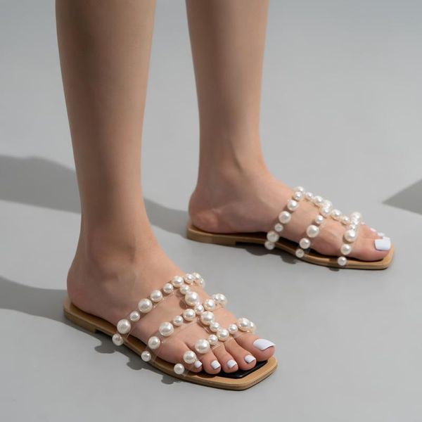

slippers women's pearl transparent sandals summer 2021 beach casual flat beaded outer wear, Black