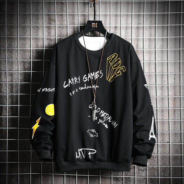 

spring and autumn round neck men's hoodie casual print long sleeve sweatshirt hip hop street fashion harajuku pullove hoodies & sweatsh, Black