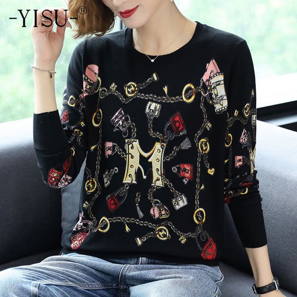 

women's knits & tees yisu spring autumn clothing sweater o-neck loose printing long sleeve female knitted pullover casual 5d5a, White