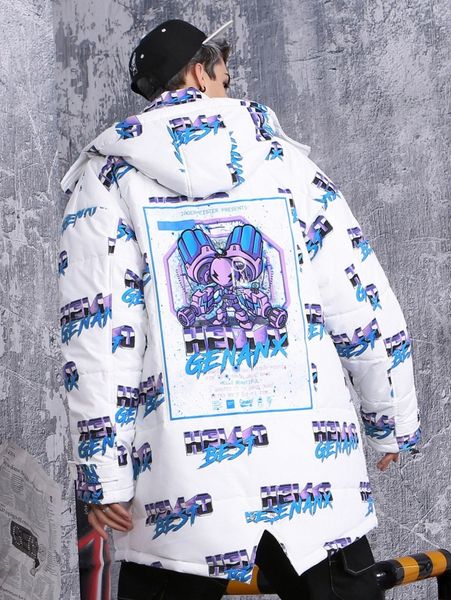 

men cartoon & slogan graphic slit back hooded puffer coat w998#, Black;brown