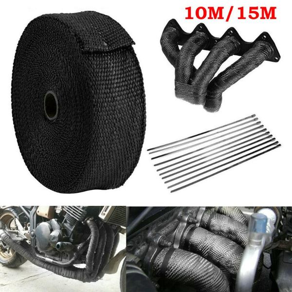 

motorcycle exhaust system 10m/15m titanium heat wrap manifold fiberglass shield tape for black insulation tape+10 cable ties 30cm