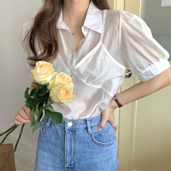 

women's blouses & shirts alien kitty 2021 summer fake two-piece single-breasted women korean style elegant vintage solid lapel white sh