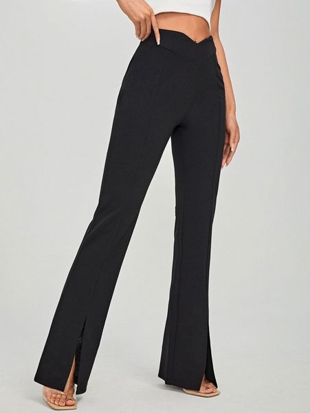 

notched waistband split hem pants n7cz#, Black;white