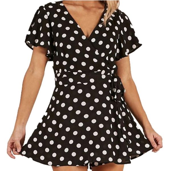 

women's jumpsuits & rompers playsuit short sleeve dot print slim cocktail bodycon mini jumpsuit women summer beach, Black;white