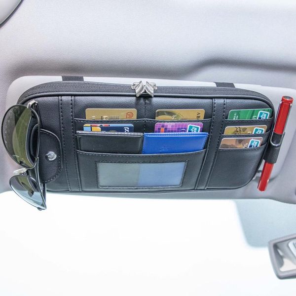 

car organizer multifunctional sun visor storage bag leather pocket pen card holder sunglasses clip auto interior