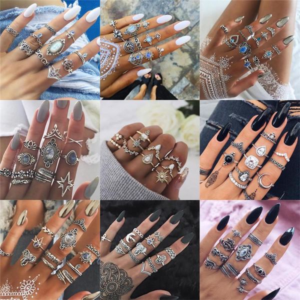 

cluster rings 40 styles bohemian midi knuckle ring set for women crystal elephant crown crescent geometric finger vintage jewelry, Golden;silver