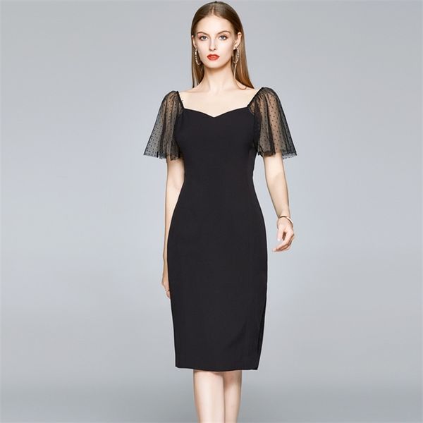 

fashion runway style vintage black summer dress women dot mesh knee-lengh v-neck party vestidos 210520, Black;gray