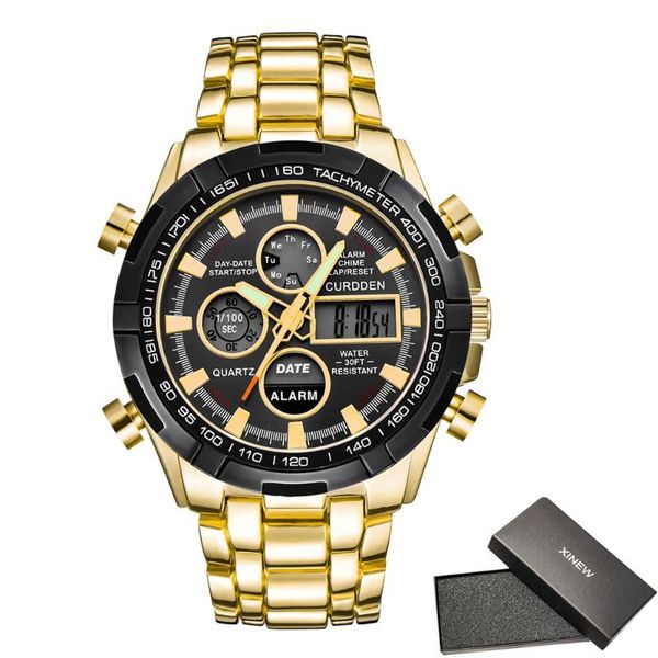 

1pc / lot curdden brand gold watches mens chronograph watch men dual time waterproof digital wristwatches relogio masculino ouro, Slivery;brown