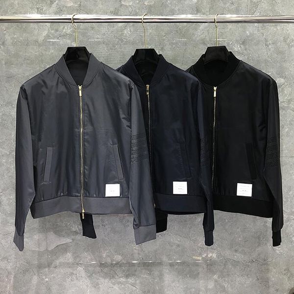 

downs fashion tb thom brand jacket men slim cardigans clothing hollow out sports baseball uniform spring autumn casual coat, Black