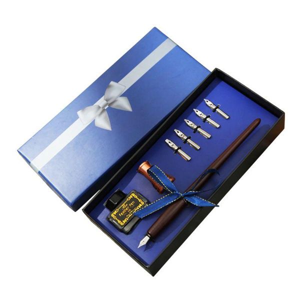 

wooden english calligraphy dip pen fountain pens holder with ink nibs set office 634b