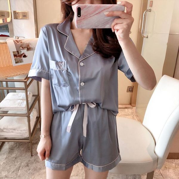 

pajamas set 2 pieces women sleepwear love pattern faux silk suit cute casual short sleeves shorts for female, Black;red