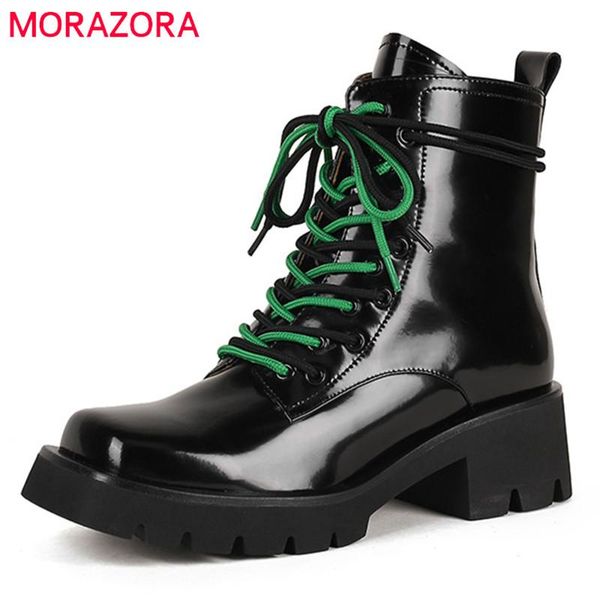

boots morazora 2022 casual shoes women ankle round toe lace up comfortable thick bottom winter genuine leather, Black