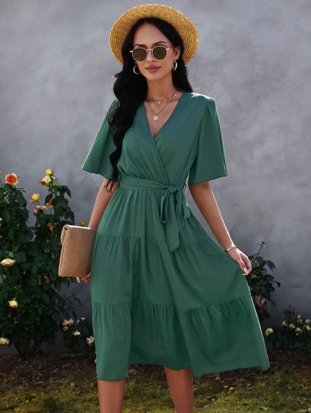 

surplice front ruffle hem belted dress f2at#, Black;gray