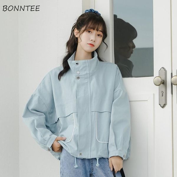 

basic jackets women stand collar buttons light blue korean sweet style preppy vintage design lovely elegant female coats stylish women', Black;brown