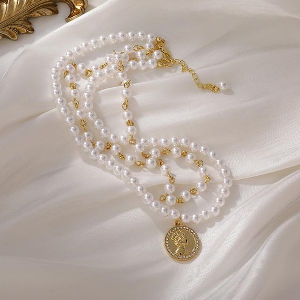 

chokers xiaoboacc vintage portrait lucky coin pendant necklace for women korean baroque double layered pearl chocker chain, Golden;silver