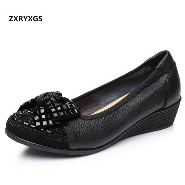 

dress shoes 2021 spring autumn rhinestone bow women fashion genuine leather woman elegant comfortable wedge high heels 4 cm, Black