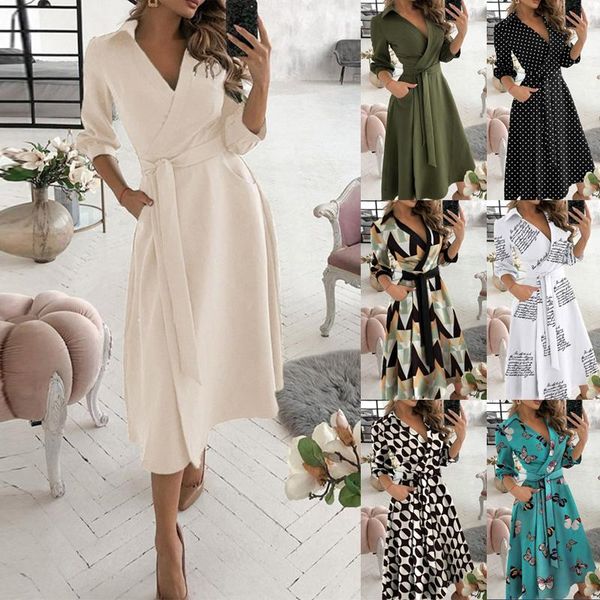 

casual dresses fashion women deep v-neck dress long sleeve letter printed lace-up belt elegant party, Black;gray