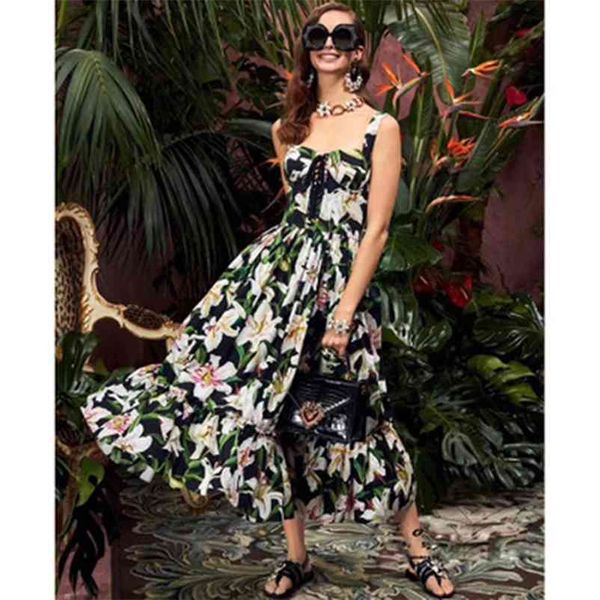 Alta Qualidade Est designer Runway Dress Mulheres Spaghetti Strap Lily Cópia Floral Corda Lacing Up Mid-bezerro 210521