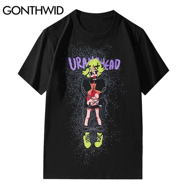 Magliette Camicie Streetwear Hip Hop Graffiti Inchiostro Catena Cartoon Girl Punk Rock Gothic Magliette Harajuku Moda Casual Top 210602