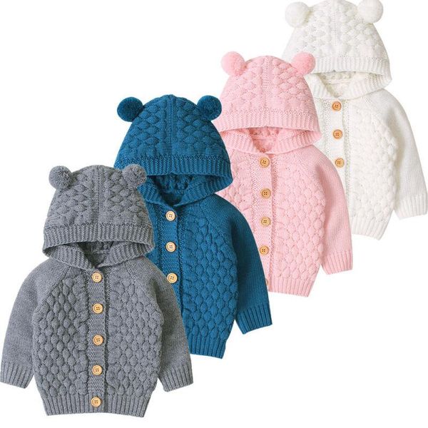 

baby sweaters toddler infant boys girls knitted outfit clothes cute kid hooded with ear winter warm cardigan coat outerwear pullover, Blue