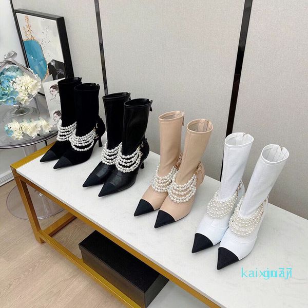 

designer pearl chain womens ankle boots black white genuine leather thin heel pump mid-calf booties ladies party prom shoe luxury