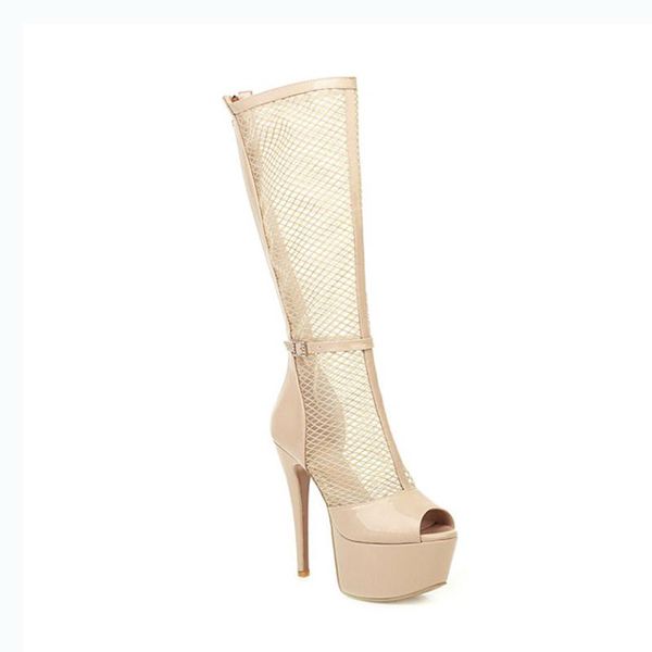 Stiefel 2021 Modestil Stiletto High Heels Peep Toe Hohlausschnitte Perspektive Kniehohe für Frauen Nachtclub Schuhe