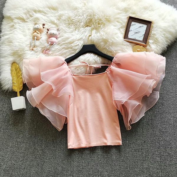 

women's blouses & shirts hisuma summer female o collar layer ruffles butterfly sleeve lace-up chiffon elegant vintage blouse shirt, White