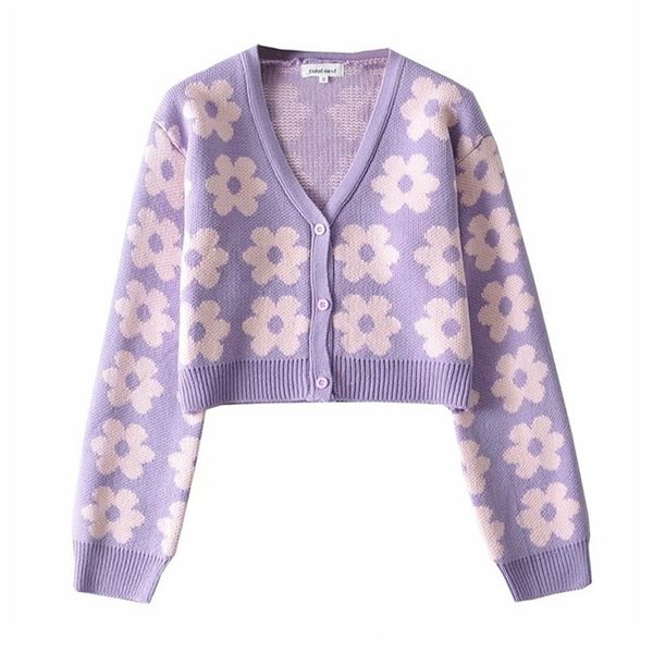 

women casual chic sweater spring autumn single breasted purple cardigan femme ladies floral print v neck crop sweaters knitted 210525, White;black
