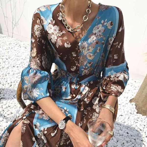 

spring retro thin vestidos female v-neck buckle elastic waist tie lotus leaf sleeve small floral mini dress c312 210507, Black;gray