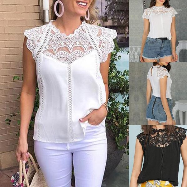 

women's blouses & shirts lady summer solid color crochet lace flower patchwork tank sleeveless blouse elegant casual women fashion, White